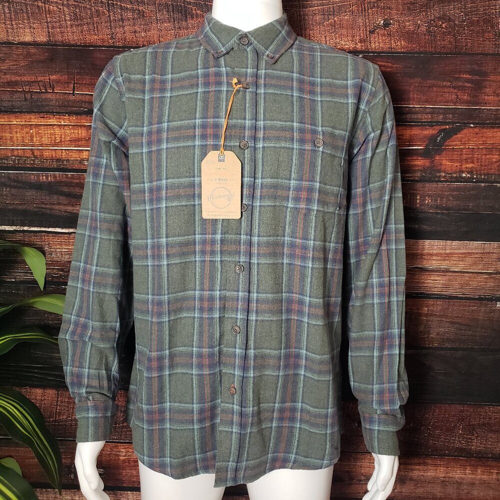 NWT Weatherproof Top Mens M Flannel Tea Leaf Green Plaid Button Up